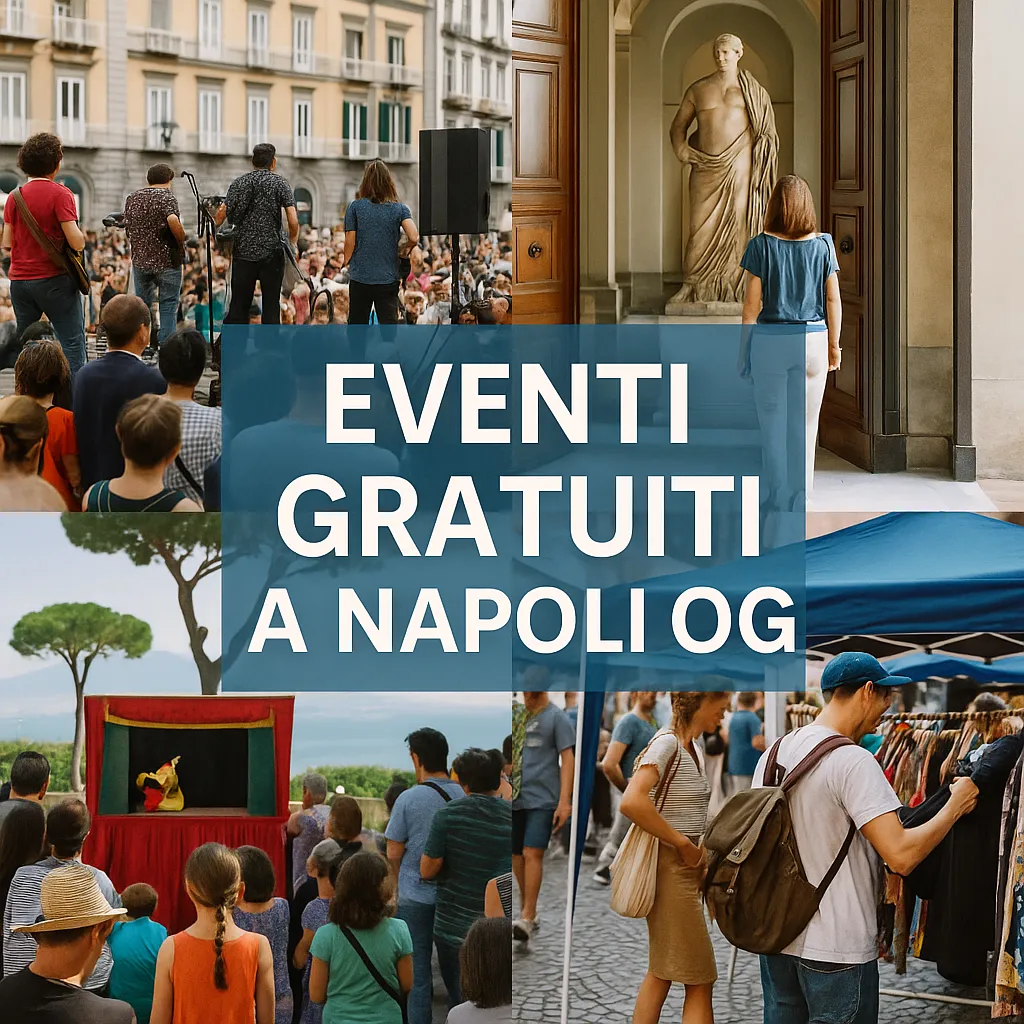 Un colorato collage di eventi gratuiti a Napoli, tra cui un concerto dal vivo in una piazza della città, una visita a un museo, uno spettacolo di burattini all'aperto e un mercatino vintage con gli abitanti del posto che curiosano tra le bancarelle.