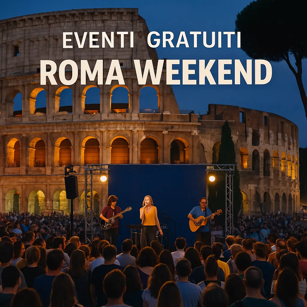 Un concerto gratuito all'aperto a Roma al tramonto con una band che si esibisce davanti a una folla, sullo sfondo del Colosseo illuminato e del cielo serale.