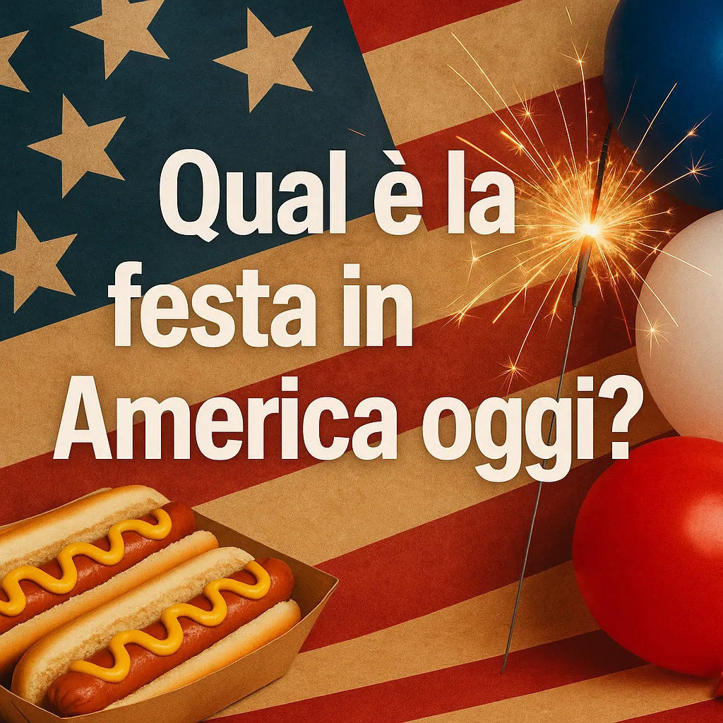 Un'immagine festosa con la bandiera americana sullo sfondo, con hot dog con senape, palloncini rosso-bianco-blu, una candela accesa e un testo in grassetto che chiede “Qual è la festa in America oggi?”.