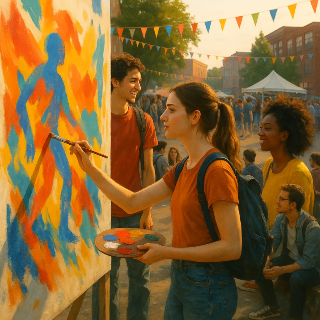 Young woman painting a vibrant mural during a community festival, surrounded by a diverse crowd engaging in creative and social activities outdoors.