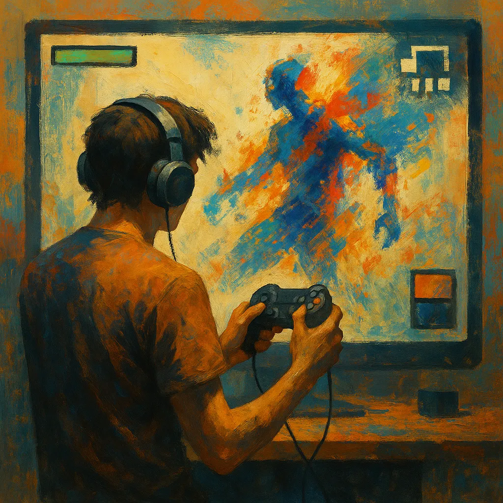 Young digital artist with headphones painting an abstract game-inspired figure on a screen, blending gaming elements and traditional art in a painterly style.