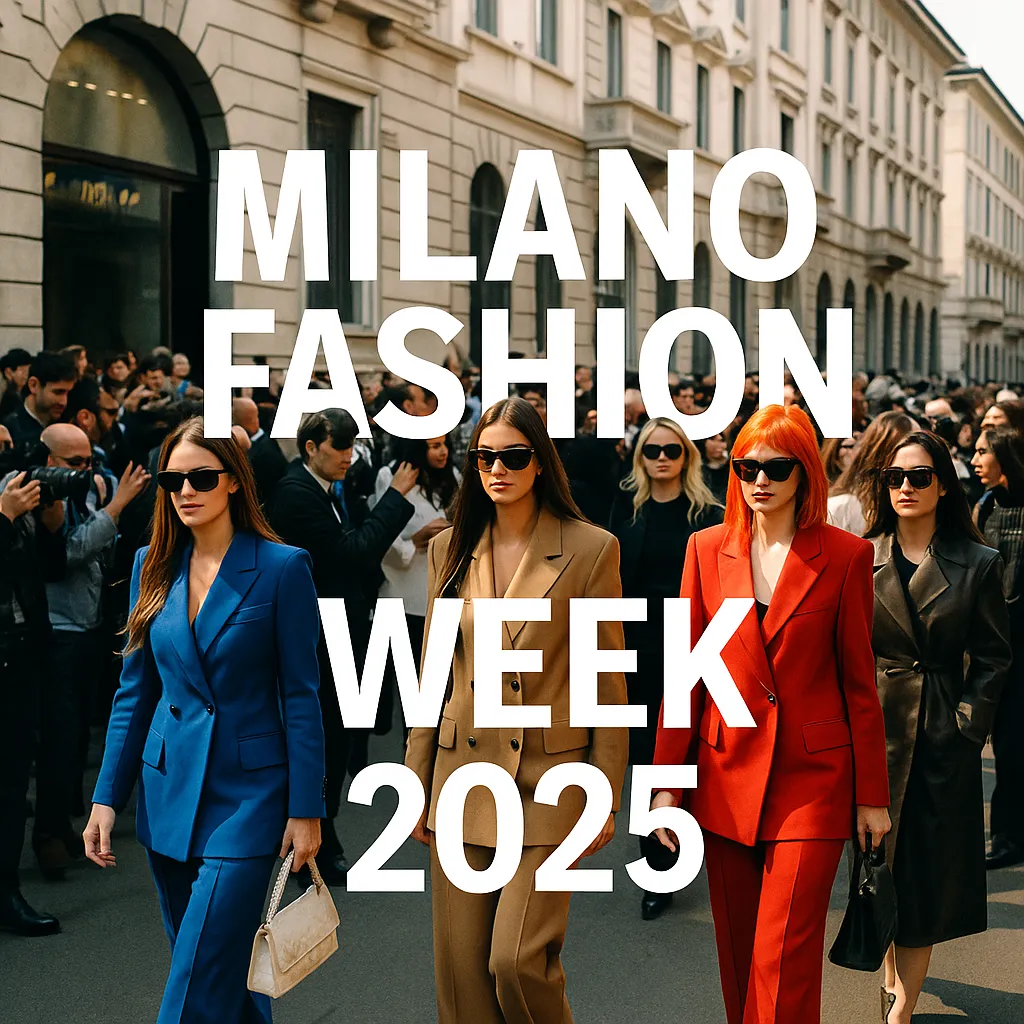 Quattro donne eleganti in abiti audaci attraversano una strada trafficata durante la Settimana della moda di Milano 2025, con una folla di fotografi e un'architettura storica sullo sfondo.