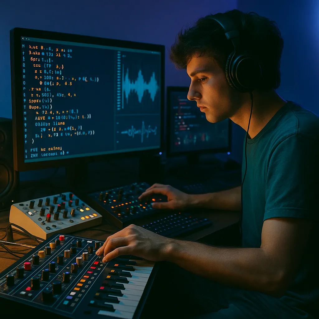 Young man in headphones creating electronic music using a modular synthesizer and live coding setup in a modern, ambient-lit studio.