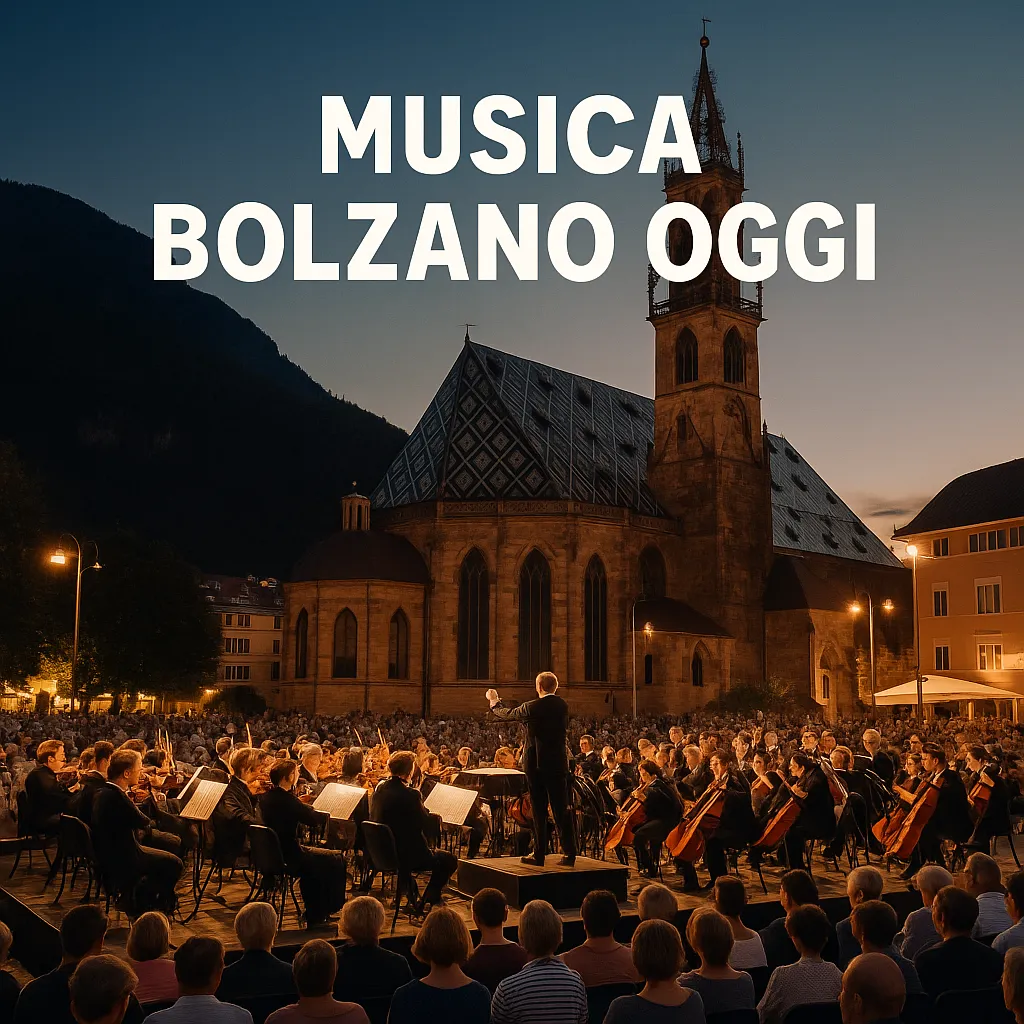 Un concerto d'orchestra all'aperto si svolge a Bolzano al tramonto, con i musicisti che si esibiscono davanti a una folla e il duomo gotico e le Dolomiti sullo sfondo.