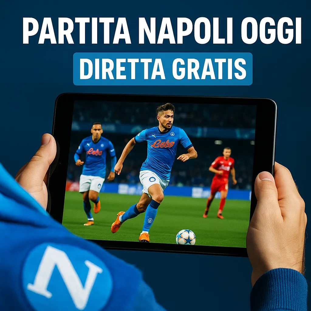 Una persona con sciarpa del Napoli guarda la partita in diretta gratis su tablet, con un giocatore in maglia azzurra che corre sul campo durante un match.